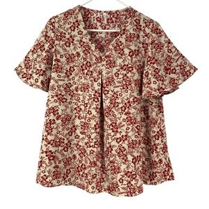 ANYALLY Women's Red Floral Print V Neck Flutter Sleeve Tunic Top Size L